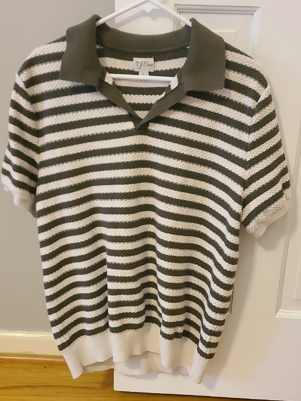 J. Crew Olive & Cream Striped Knit Polo (Size Large)